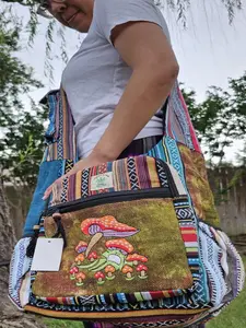 Namaste Mushroom Embroidery Hemp Unique Fine Cotton Colorful Patchwork Handmade Boho Multi-Purpose Women Cross Body Nepalese Jogi Bag
