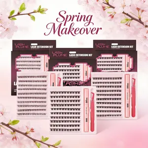 Lash Plume Spring Makeover Kit - D Curl Wispy Eyelash Clusters with WideSpan Extension, Lash Bond & Seal for Wet-Look Spiky Cluster Lashes, Aesthetic Kit for Makeup & Cosmetic