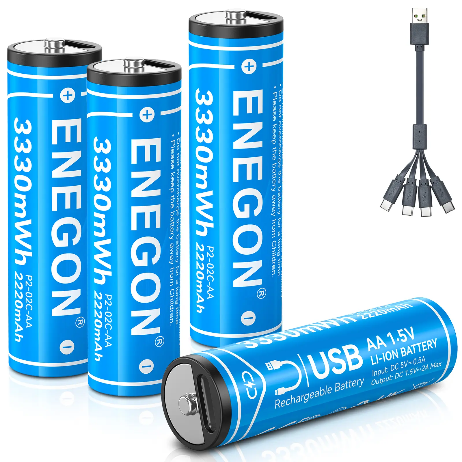 ENEGON Rechargeable AA/AAA lithium batteries  1.5 V Li-Ion USB AA battery with 2-in-1 type C charging cable, quick charge in 2 hours, 2-pack