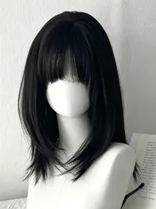 Y2K Wig for Women Black Medium Short Straight Hair Natural Simulation Daily Use Wig with Bangs Short Hair Bob Wig Straight Synthetic Wigs Hairstyle Wigs