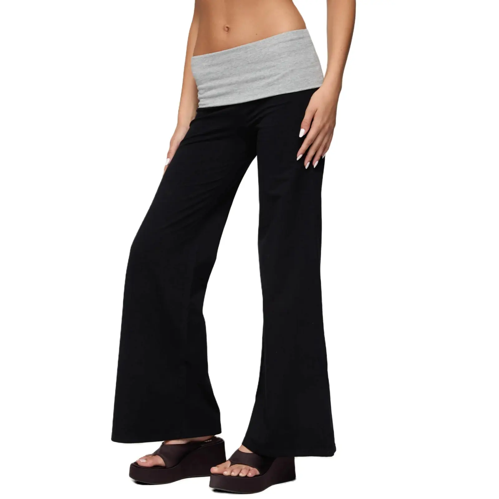 Women Lounge Yoga Pants Fold Over Low Waist Wide Leg Sweatpants Flare Leggings Bell Bottoms Y2K Foldover Pants