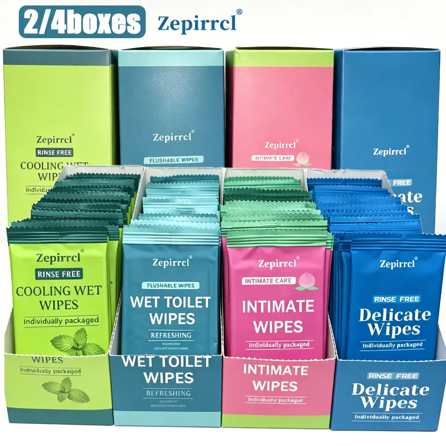 2/4 Boxes, Assorted Personal Care Wipes Variety Pack - Flushable Wet Toilet Paper, Multi-Purpose Cleansing Wipes, Feminine Intimate Care Wipes & Refreshing Cooling Wipes for Daily Hygiene. 60sheets/box