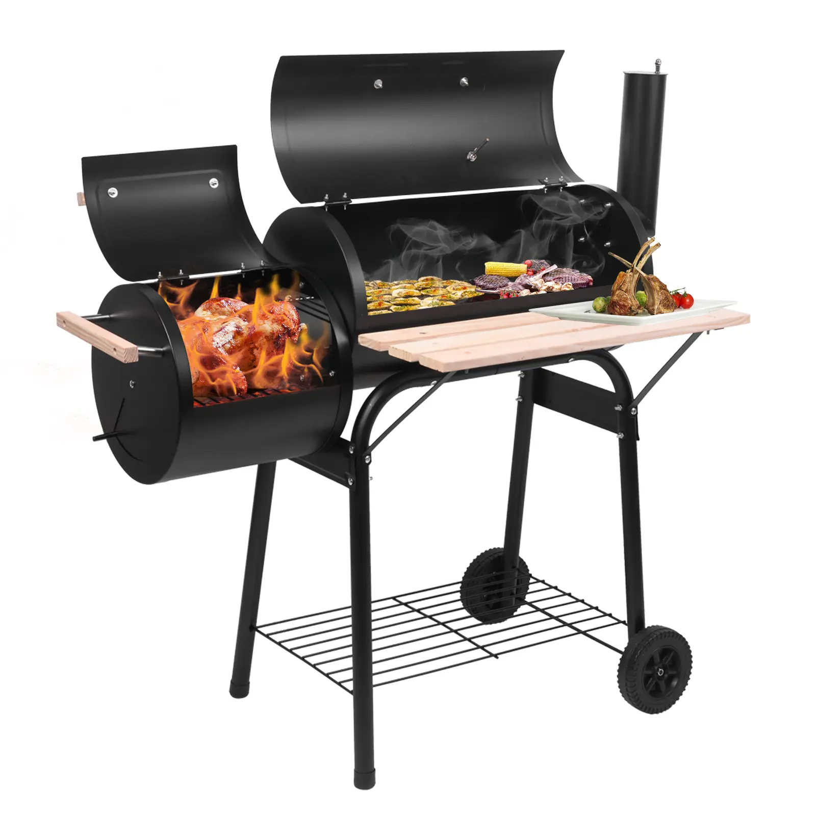 Rustic Oil Drum Look Offset Charcoal Smoker Grill - Anti-Rust Steel Cylindrical Body, High-Temp Spray Paint, Offset Chamber, Precise Top Thermometer, Detachable Wooden Side Shelf, 15cm Wear-Resistant Plastic Wheels, Windproof Smokestack for Outdoor BBQs