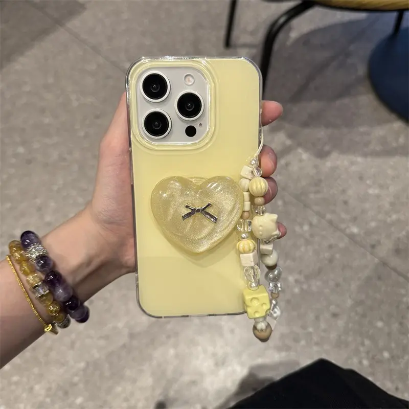 Phone case Cover Protector suitable for iPhone | Solid color yellow background | Same yellow glitter bow holder | Gift | Phone case 11 12 13 14 15 16 17 Pro Max Accessories