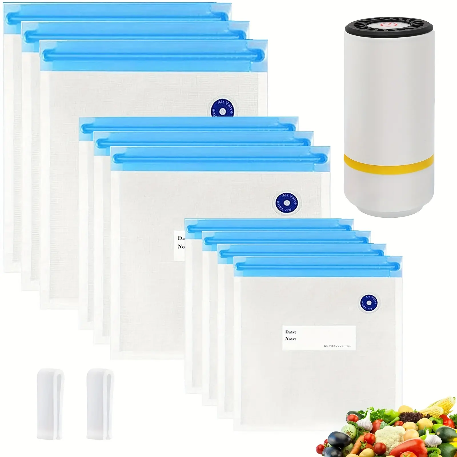 Household kitchen handheld electric vacuum machine and food vacuum storage bag, 3 sizes vacuum sealed zipper bag and 1 package of electric pump, 3 in 1 large, medium and small vacuum zipper bag for storage