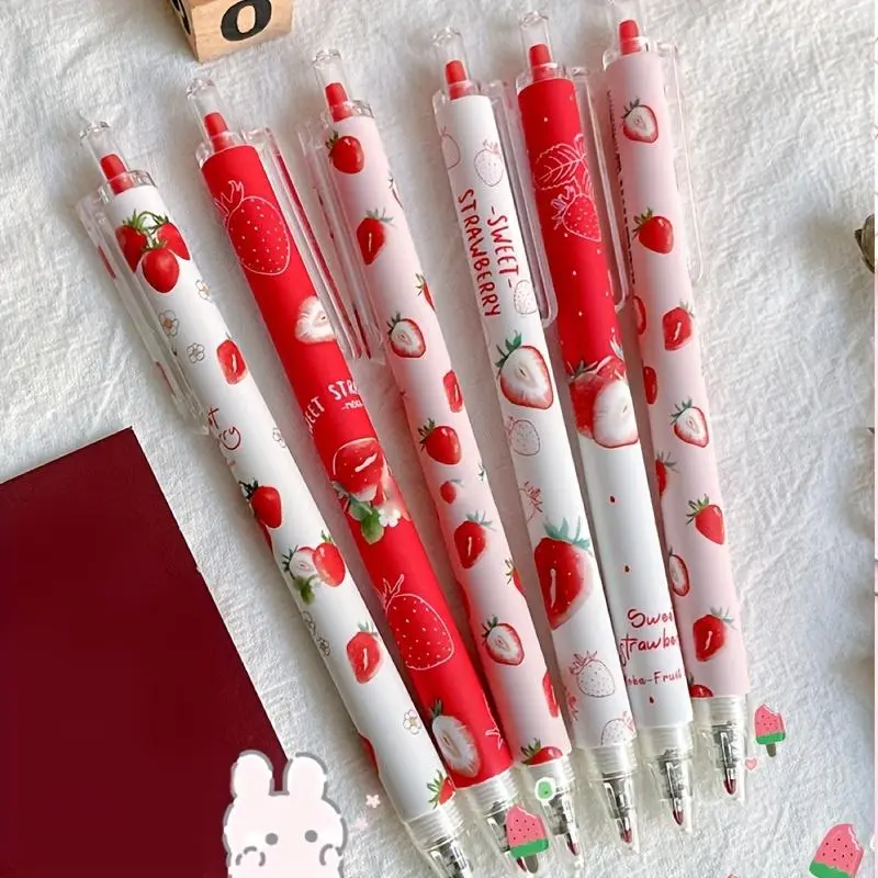 6pcs Strawberry Themed Cute Gel Pens Set for Students, 0.5mm Ink, Adorable Press Pens for Girls, Aesthetic Pens, Perfect for School Supplies, Retractable Pens