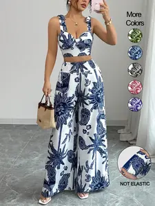 Women's Boho Style Floral Print Sleeveless Top & Belted Straight-Leg Pants Set, Casual Summer Outfit for Vacation