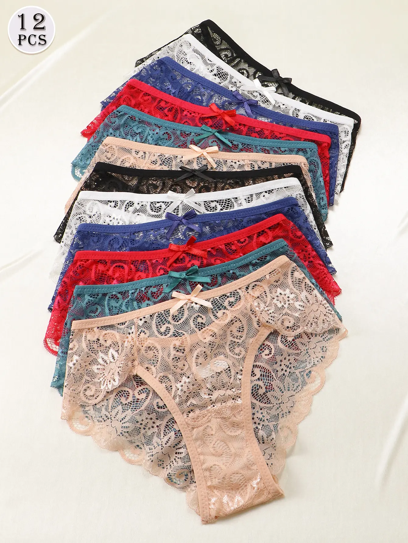 Women's Preppy 12-Piece Colored Lace Panties Set - Low-Rise Triangle Briefs with Bows, Ideal for Halloween, Christmas, Birthday, Family Gatherings, Casual Knicker, Low Waist Panties, Matching Panties