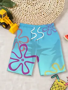 Boys' beach shorts, "SpongeBob-inspired floral trunks" with light blue base and contrasting color flower prints, are both playful and eye-catching, instantly enhancing the summer pool/beach water-play atmosphere! Swimwear Shorts