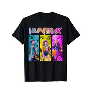 Demon Hunters "HUNTR/X" 100% Cotton Graphic Tee – Rumi & Zoey Black Crew Neck Letter Print T-Shirt with Color Block Design, Machine Washable Casual Top for Outdoor Sports & Streetwear