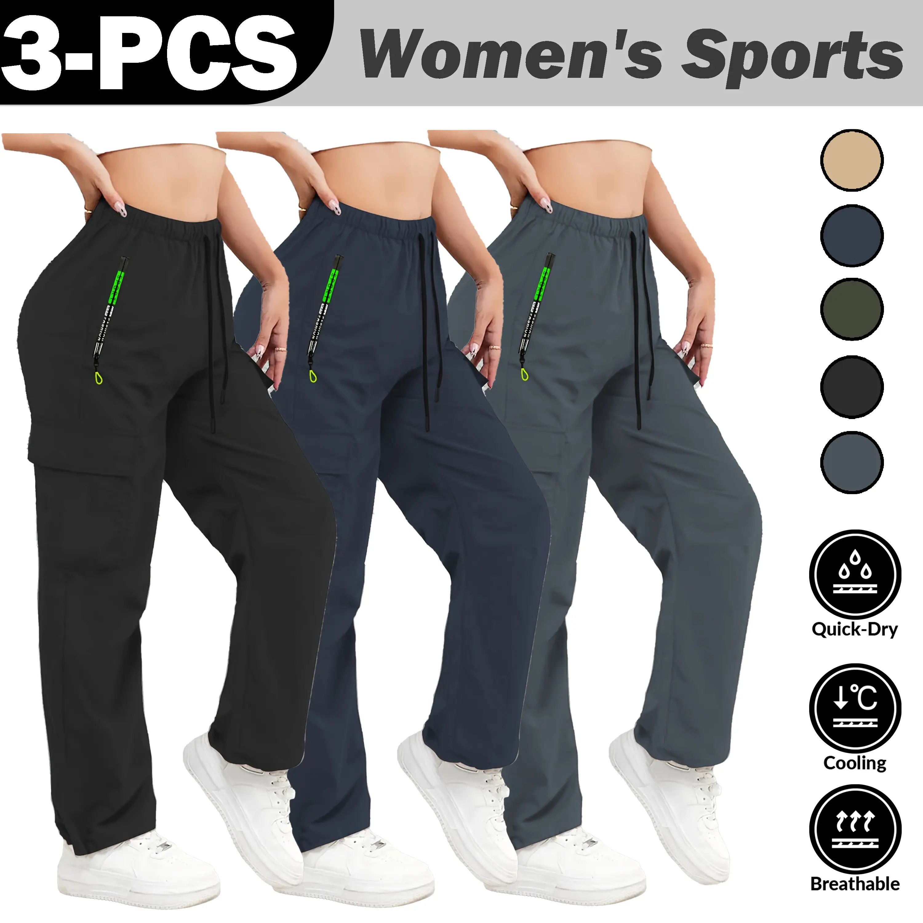 Women's 3-Pack Polyester Clothes - Thin Athleisure Pants with Adjustable Drawstring Waist, Non-Elastic Machine-Washable Fabric, Light Skin-Friendly Smooth Texture, Deep Drawstring Pockets, Colorblock Design for Indoor & Summer Outdoor Fitness