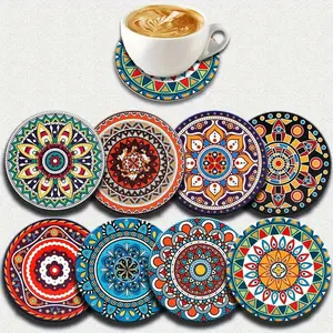 8-Piece Wooden Coaster Set, Heat Resistant Non-Slip Drink Mats, Ethnic Art Design, Perfect for Home Office Party Gifts
