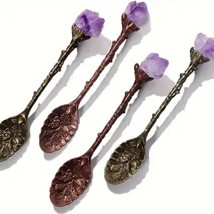 1/2/4/7pcs Natural Amethyst Flower Coffee Spoons Decorative Tea Spoons, Purple Crystal Spoons,Vintage Carved Spoons Dessert Spoon Ice Cream Spoons Hand Polished Raw Stone Crystal,Lucky home Kit