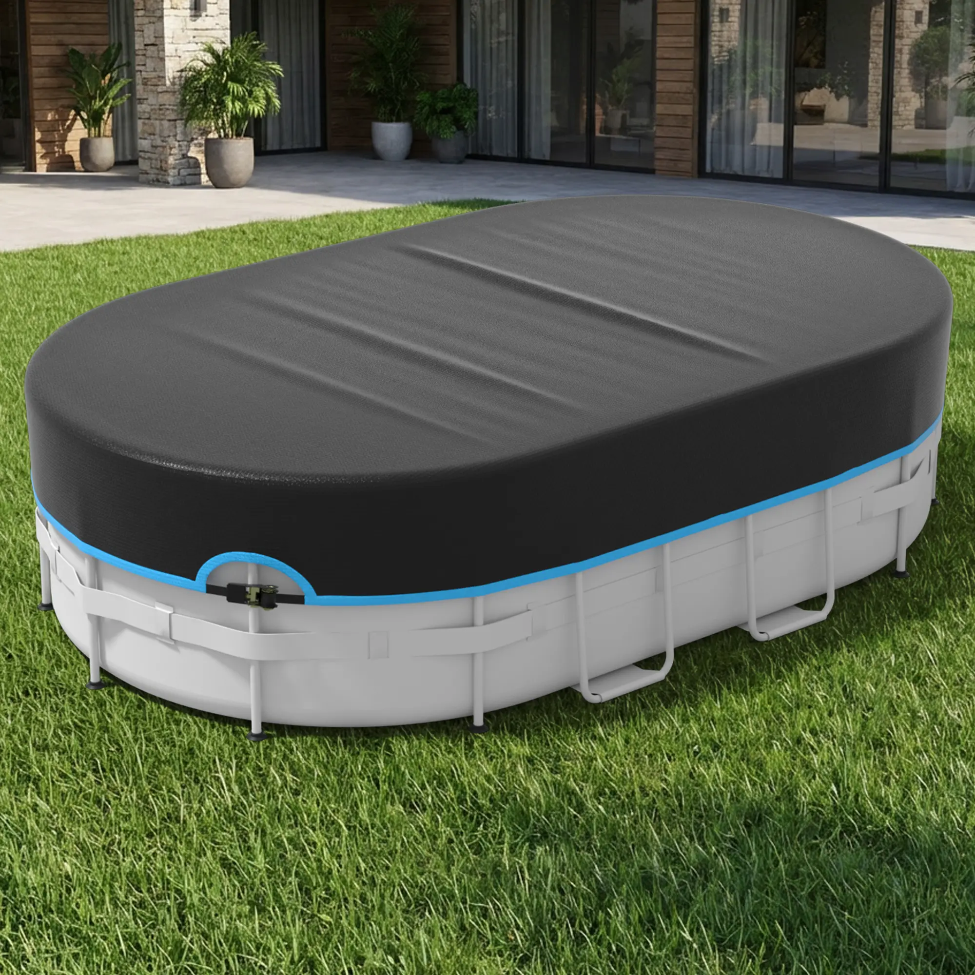 Upgraded Rectangular & Oval Above-Ground Pool cover. Made of tear-resistant Oxford fabric, featuring heavy-duty mechanical latches and straps. Windproof, waterproof, and UV-resistant. Ideal for pools, bathtubs, and hot tubs., 10*16(Oval Pool Cover)