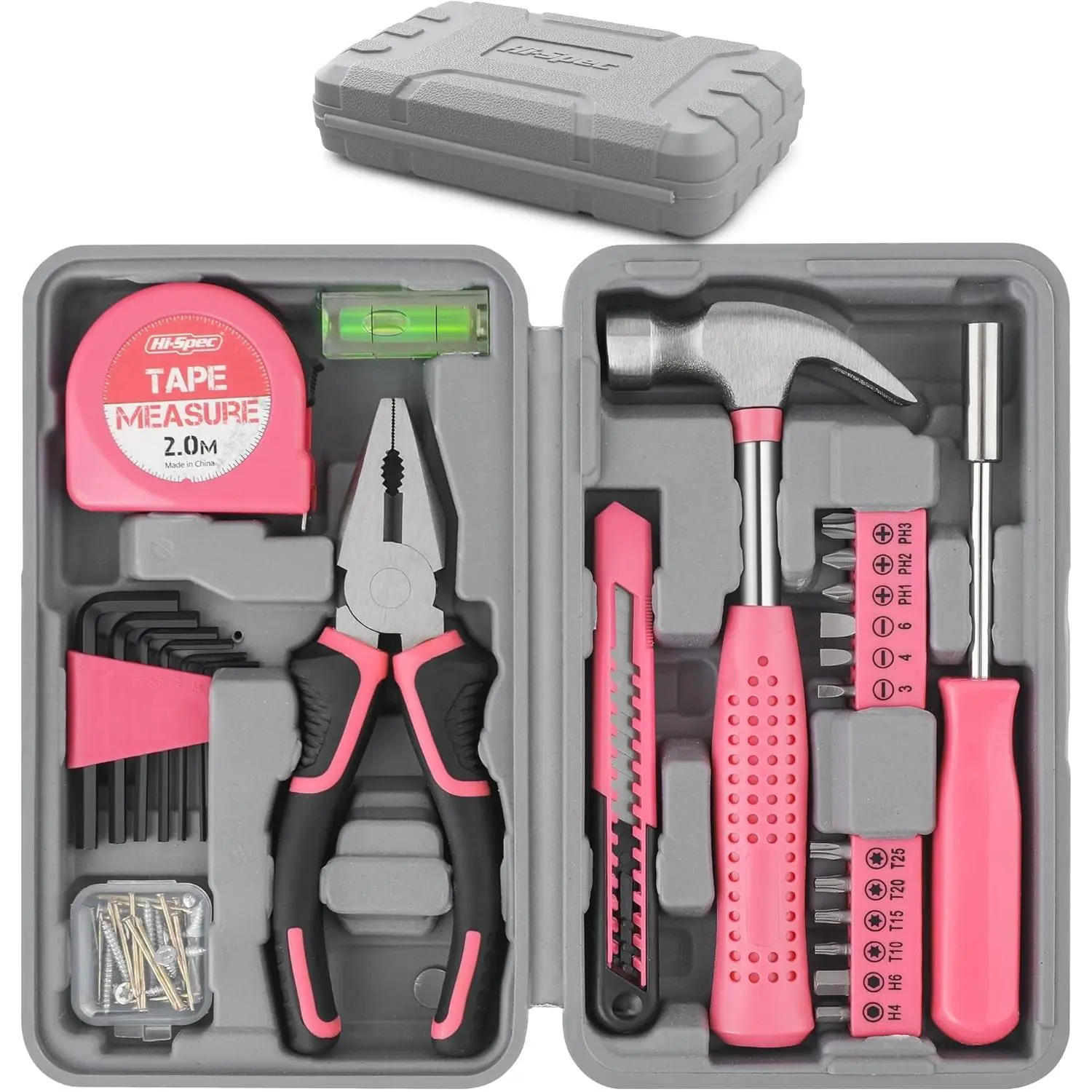 25pc Pink DIY Tool Kit for Women Mini Tool Box Set of Starter Ladies Tools with Retractable Tape Measure Combination Pliers and Compact Bit Driver Set