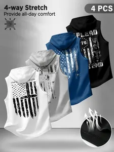 Men's Summer Sport Hooded Tank Top Set, American Retro Shattered Flag Pattern, Fashionable Daily Wear, Essential for Outdoor Activities