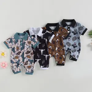 Newborn Baby Boy Girl Western Clothes Bull Head Print Romper Jumpsuit Short Sleeve  Bodysuit Cute Summer Outfit