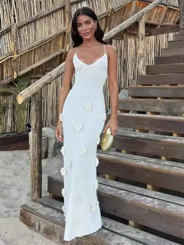 Sexy thin strap embroidered maxi dress