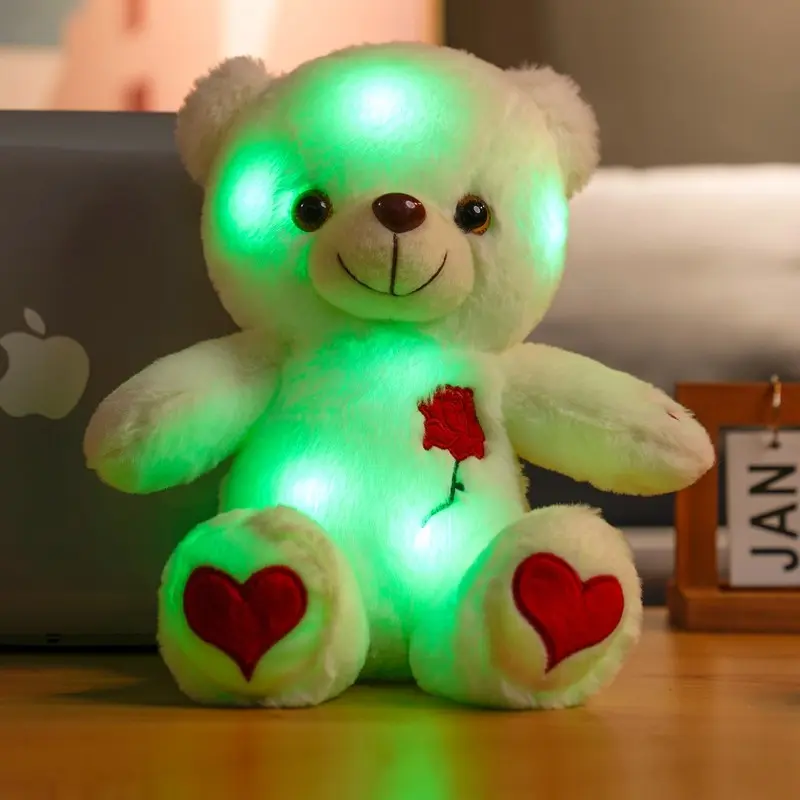 Glow-in-Dark Teddy Bear Plush, Romantic Teddy Bear, Light-Up LED Toy with Heart and Rose Lights - Soft and Cuddly with Expressive Eyes, Warm White & Colorful Lights Valentine's Day, Birthday, Anniversary Gift for Kids & Adults (White/Red)
