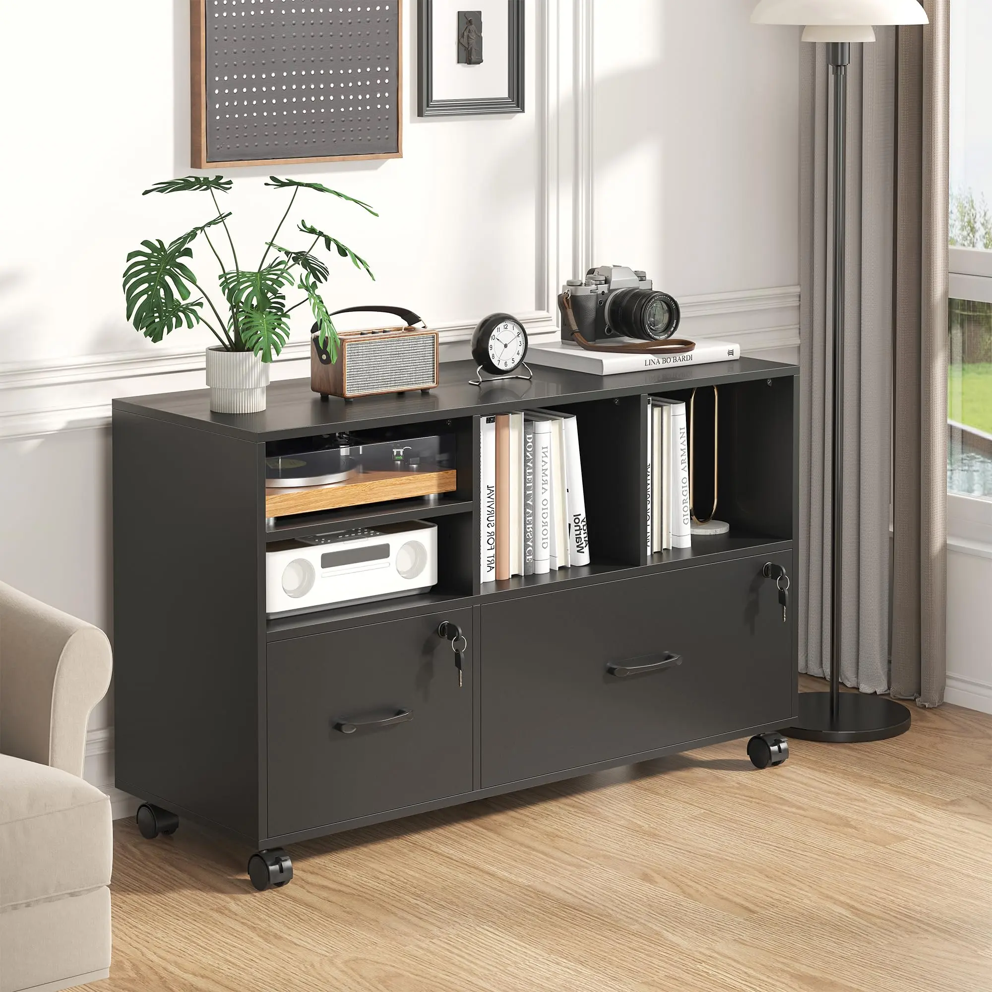 2-Drawer Lockable File Cabinet with Rolling Wheels, Adjustable Shelf, Storage Drawer, Letter/Legal Compatibility for Home Office, Modern Wood Desk with Vintage Office Look