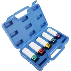 OUDISI 1/2'' Drive Thin Wall Deep Impact Socket Set (5Pcs) - 6-Point Metric Sizes 15mm,17mm,19mm,21mm,22mm, Steel Alloy Lug Nut Socket with Durable Plastic Wheel Protector Sleeve