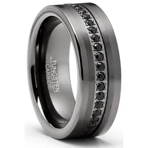 Men's Tungsten Wedding Band Eternity Ring Gunmetal Cubic Zirconia Comfort-Fit 8MM
