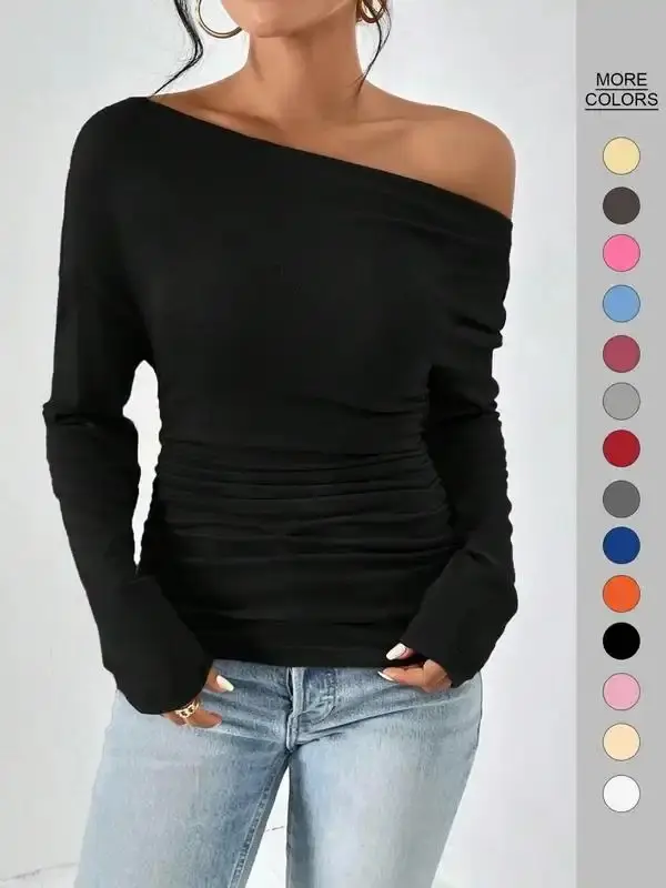 Women's Plain Minimalist Ruched Asymmetrical Neck Drop Shoulder Long Sleeve Tee Fall Everyday Back To School T Shirts Casual Streetwear Elegance Mufti Clothes