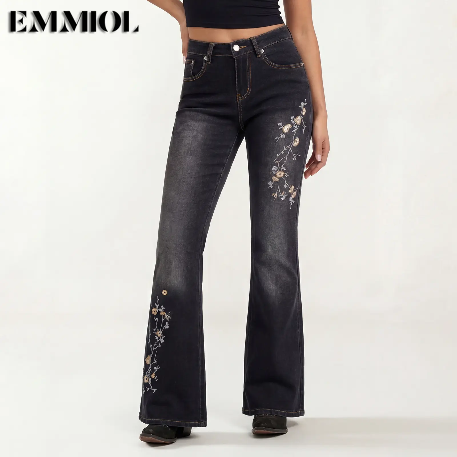 EMMIOL Women Mid Low Rise Bell Bottom Jeans Stretchy Flare Denim Pants Embroidery Vintage Y2K 90s Streetwear