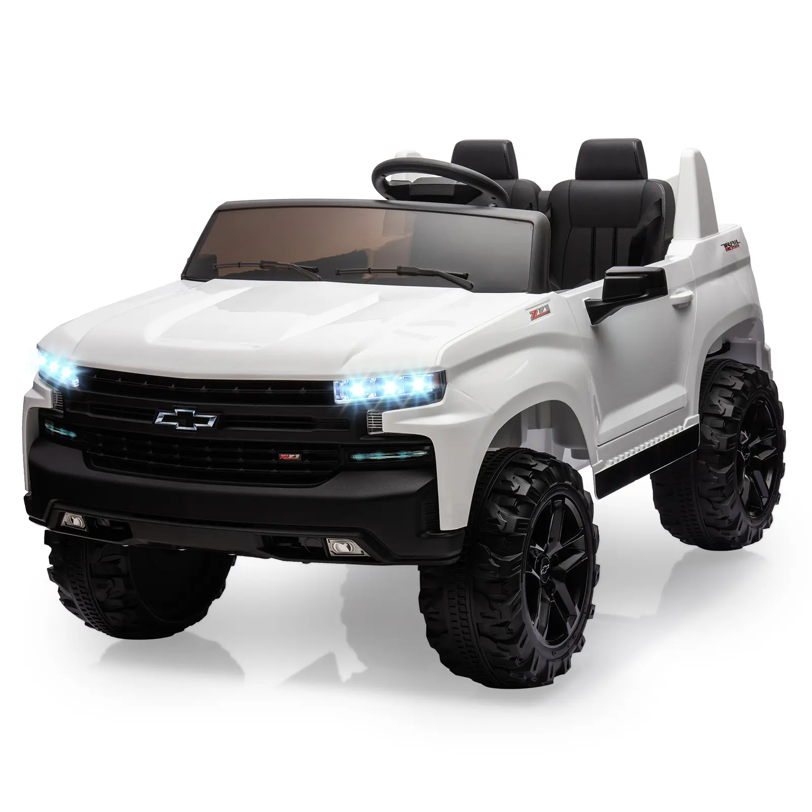 【Christmas Gift】Licensed 24V Chevrolet Silverado Kids 2-Seater Ride-On Car, White, Remote Control, LED Headlights, Music, Powerful Dual Motors, Outdoors, Horn, Metal Frame, Authentic Details