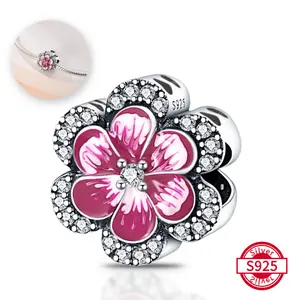 1 Piece 925 Sterling Silver Pink Flower Beaded Charms, Weight 1.8g/0.06oz, Suitable for Original DIY Bracelet Necklace Making Ladies Jewelry Accessories