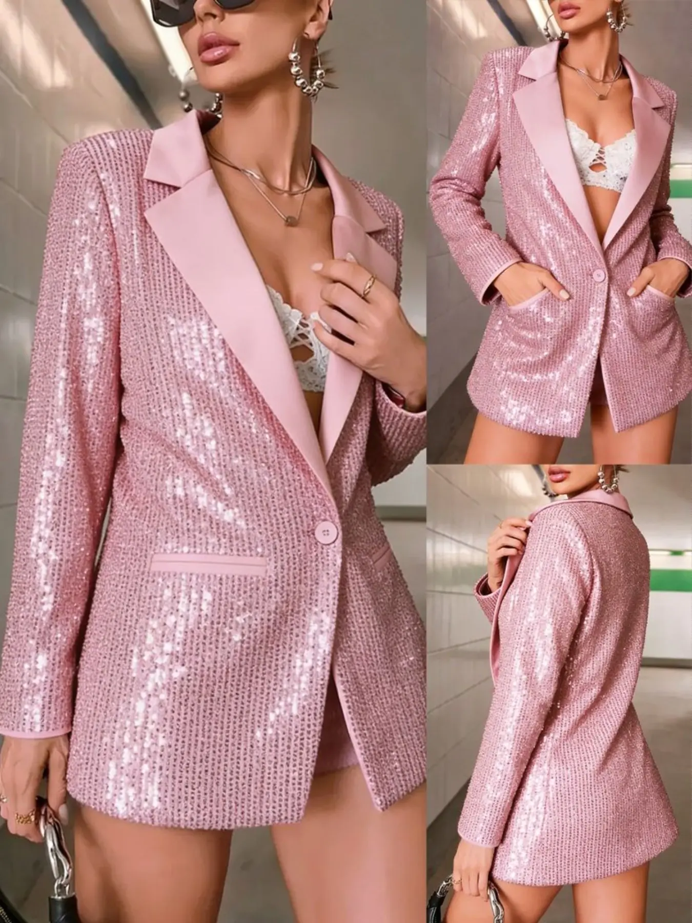 Women's Fashion Chic Elegant V-Neck Suit Jacket Sequins Slim Fit Long Sleeve Long Top, Stylish Ladies' Outerwear Office Clothes for Casual & Formal Occasions
