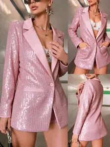 Women's Fashion Elegant V-Neck Suit Jacket Sequins Slim Fit Long Top, Stylish Ladies' Outerwear for Casual & Formal Occasions