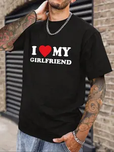 Men's Letter & Heart Print Round Neck Tee, Regular Fit Casual "I Love My GF" Print Short Sleeve T-shirt For Summer, Men's Top For Daily Outdoor