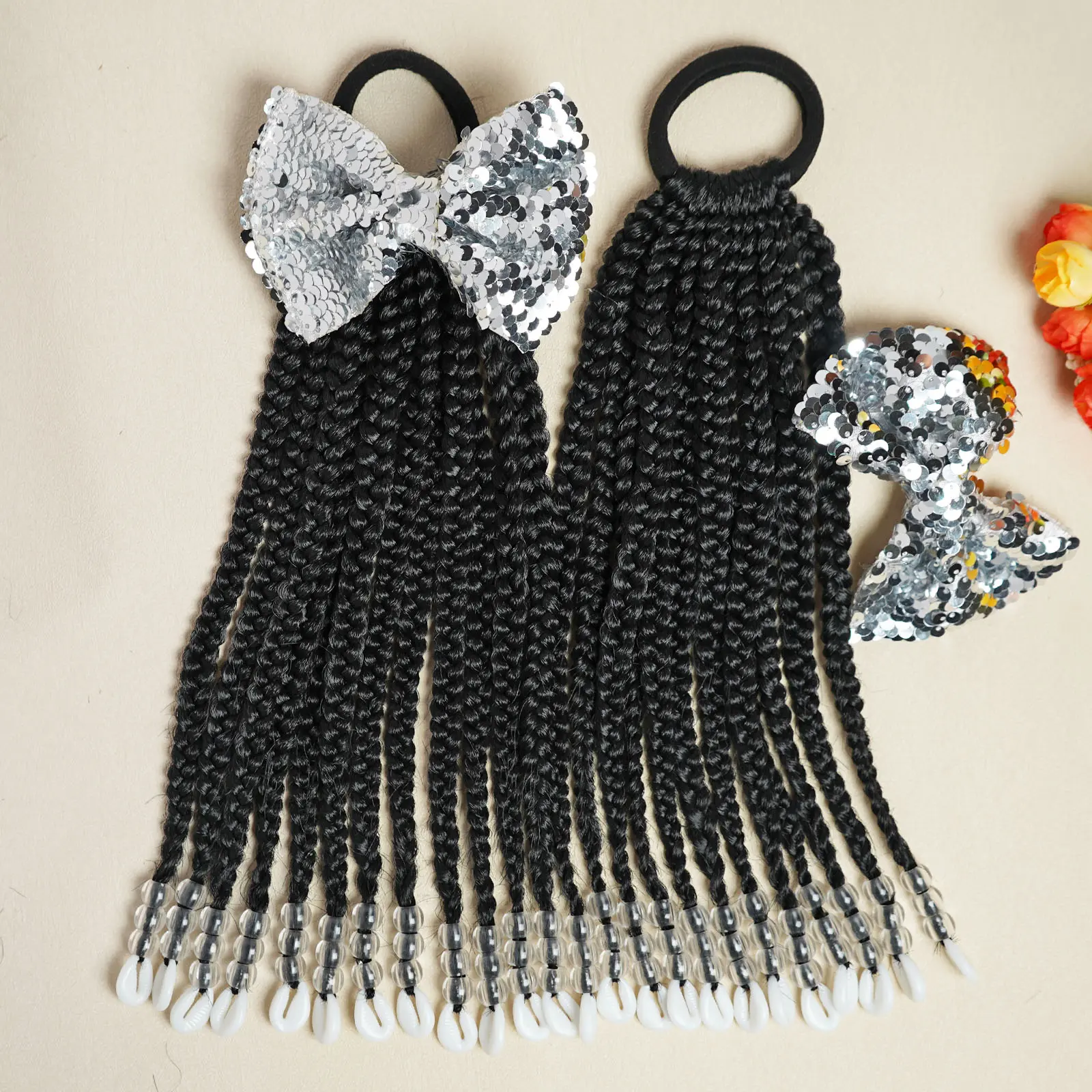 Female Synthetic Braided Ponytail Extension with Beaded Accents, Synthetic Braiding Hair Piece
