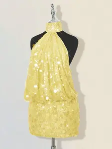 Glittering Sequin High Neck Backless Ruched Bodycon Mini Dress