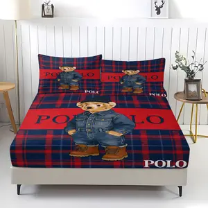 Grid pattern teddy bear printed bed sheet, comfortable printed pattern, including 1 bed sheet and 2 pillowcases, comfortable bedding, anti slip dust cover suitable for bedrooms and guest rooms, suitable for adult gifts