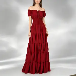 Renaissance Costume Women Medieval Irish Under Dress Retro Gown Wench Peasant Smocked Waist Long Dresses Halloween Costumes Girls Party Outfit Gothic Dress  Shortsleeve Minimalist
