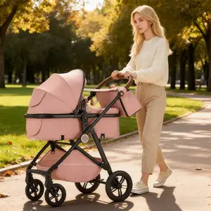 Two Way Baby Stroller High Landscape Infant Stroller Foldable Pushchair With Adjustable Canopy Storage Basket 5 Point Harness Mom Bags