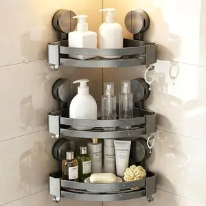 （Attention Usage Scenarios & Installation Steps）New Corner Shower Shelf, 3-Second Install Bathroom Triangle Organizer, Aluminum Wall-Mounted Storage with Drainage, Built-in Hooks, Upgraded Vacuum Suction Cups, No-Drill