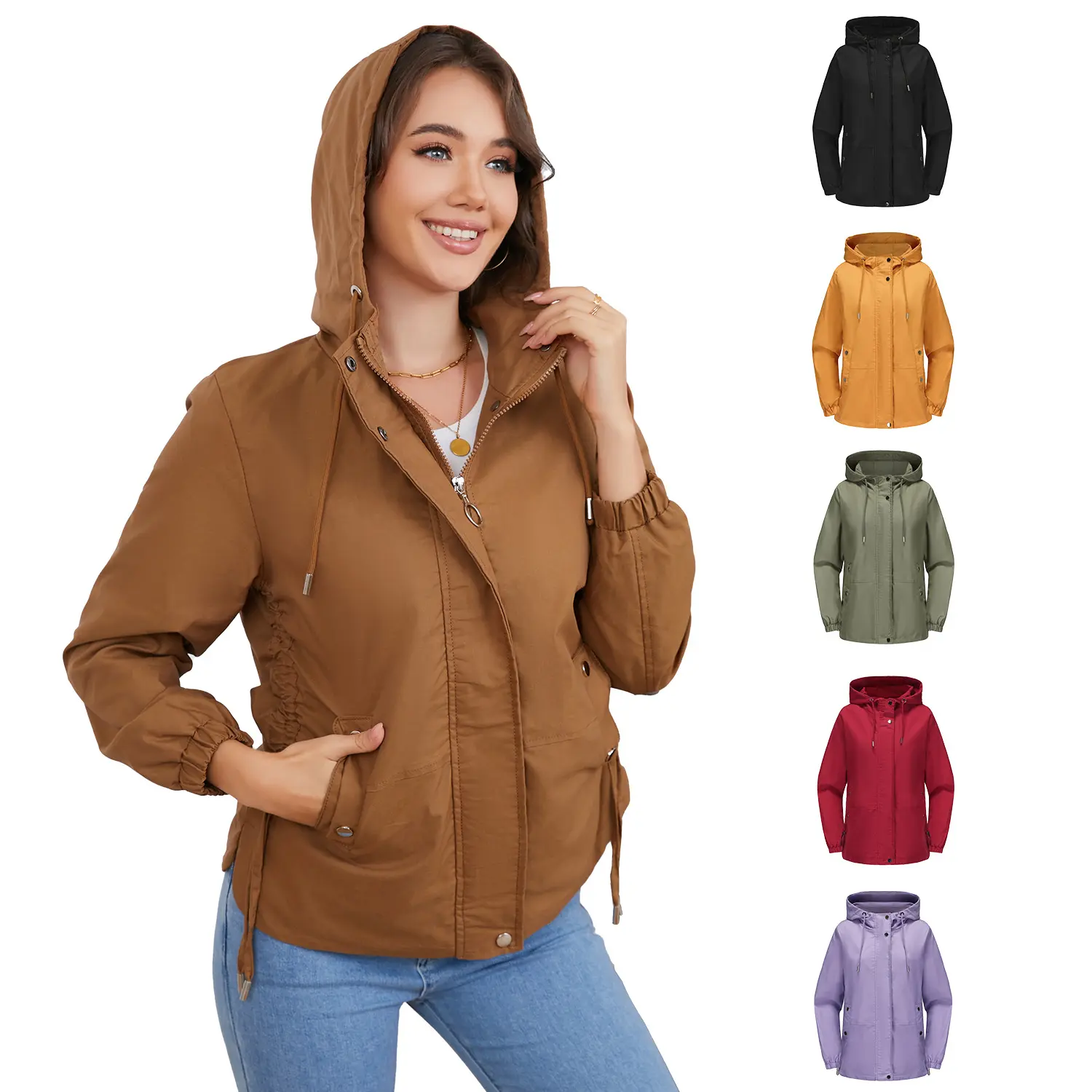 BIGWIG women's fashion solid color spring and autumn casual windbreaker, loose hooded jacket, waterproof hooded windbreaker, packable hiking outdoor jacket, long-sleeved windbreaker, outdoor raincoat, lightweight hooded jacket, windproof jacket