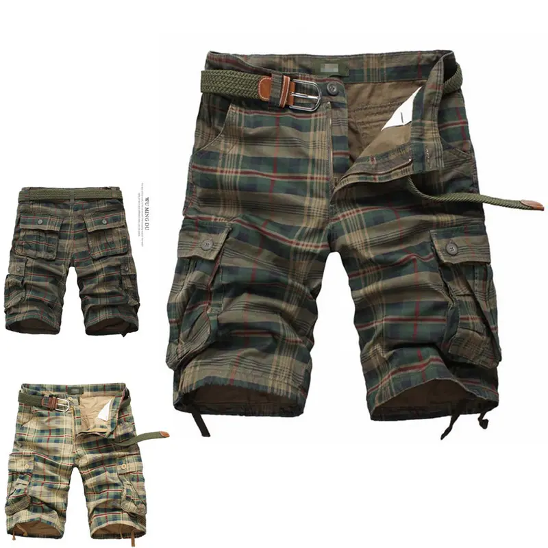 Men's Mid-Rise All-Over Plaid Cargo Shorts, 2-Tone Dark Green-Khaki Soft Twill, Zip-Button, Multi-Flap Button-Side Pockets, Drawstring Hem, Knee-Length, Matching Webbing Belt, Preppy-Casual Vintage Outdoor Bottoms