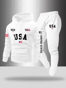 Men's Letter Print Hoodie Set, Usa Flag Design, Pocket Drawstring Long Sleeves Sweatshirt & Elastic Waist Pants, Fall Winter Casual Wear, Track Pants Set