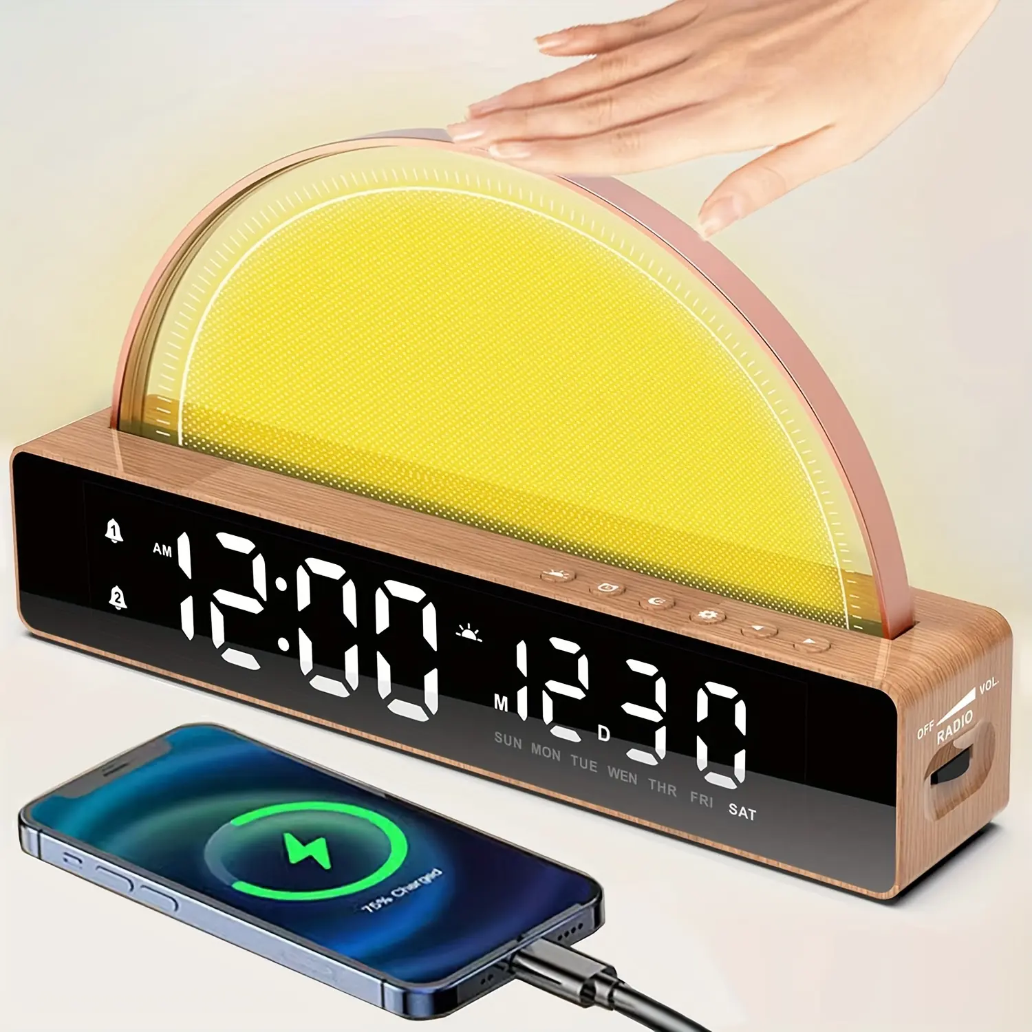 New Soothing Sunrise Wake-Up Light Alarm Clock - Touch Control 6 Natural Sounds Dynamic Color Ambiance 7-Color Sleep Breathing Light - Ideal for Heavy Sleepers Enhances Home & Office Decor Plastic Round