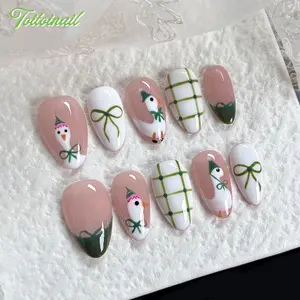 Moss Goose Handmade Press-On Nails | Short Oval Shape, 10pcs | Sheer Nude Base with Green Grid Pattern, Bow & Hand-painted Little Goose Charms | Soft Fresh Daily Aesthetic | Daily Casual Wear, Reusable False Nails