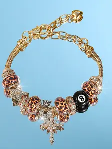 Y2K Aesthetic Star Bracelet for Women & Girls, Leopard Print & 8 Ball Charm, Punk Rock Cross Star Link Chain, Trendy Jewelry