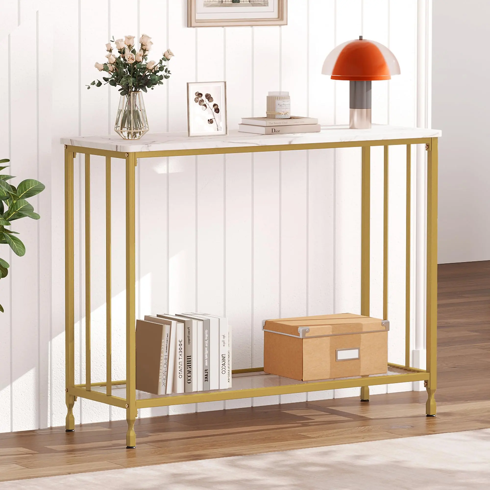 【GARVEE】Modern Console Table with Glass Shelf and Metal Frame, 33.5” Narrow Sofa Table for Entryway, Behind Couch, Hallway, Living Room, Foyer, or Bedroom in Elegant Gold Finish