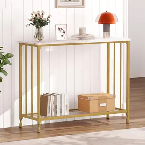 【GARVEE】Modern Console Table with Glass Shelf and Metal Frame, 33.5” Narrow Sofa Table for Entryway, Behind Couch, Hallway, Living Room, Foyer, or Bedroom in Elegant Gold Finish