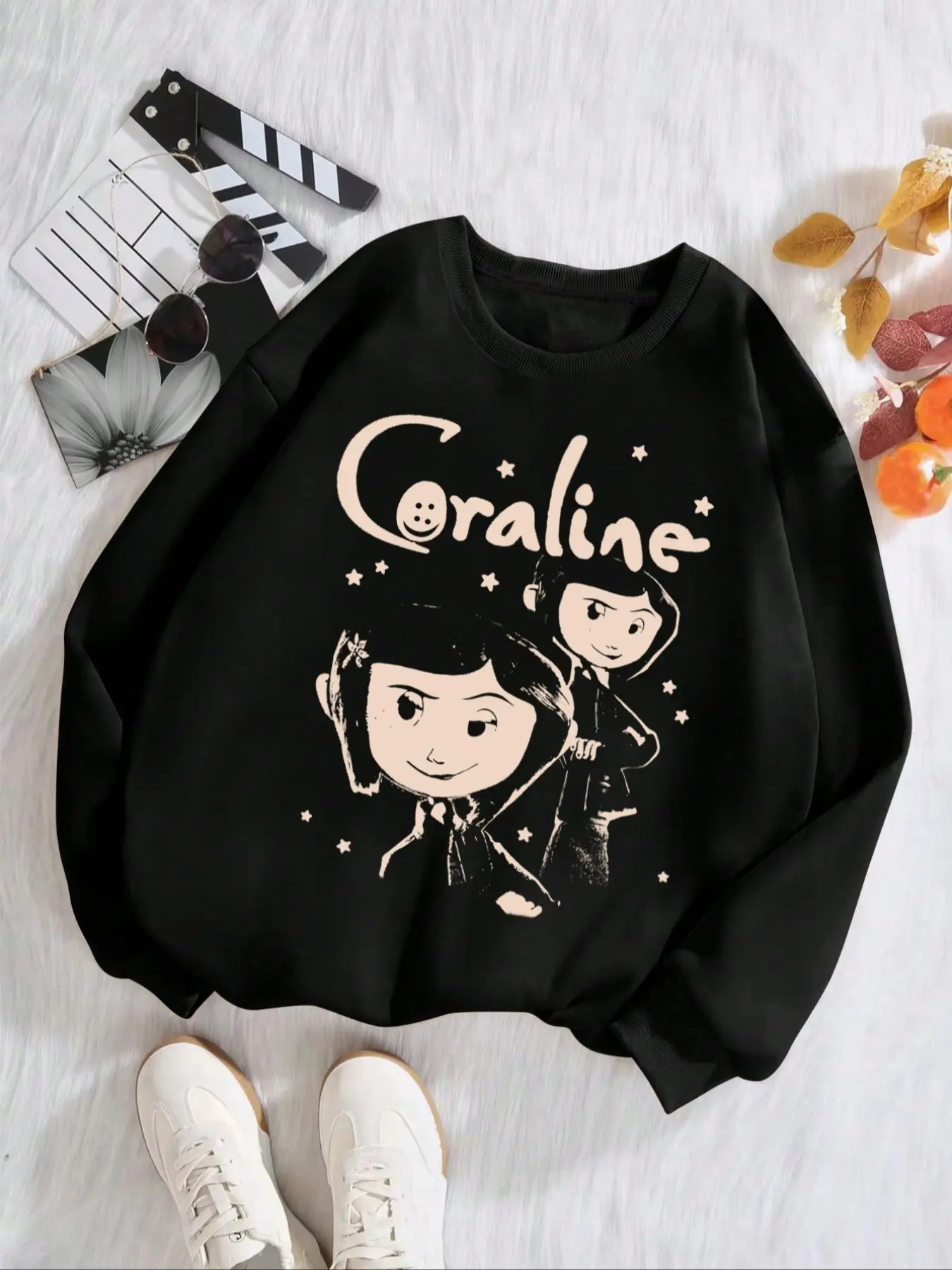 Women's Coraline Cartoon Print Pullover Hoodie, Fall & Winter Loose-Fit Round Neck Long Sleeve Knit Funny Sweatshirt, Casual Holiday Style Fabric Womenswear