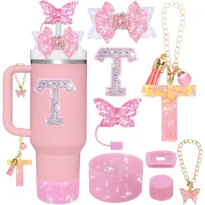 8Pcs Accessories for Stanley Cup with Handle 40OZ/30OZ, Including Diamond Straw Topper/Spill Proof Stopper/Silicone Boot/Bow Decortion/Letter Charms A-Z