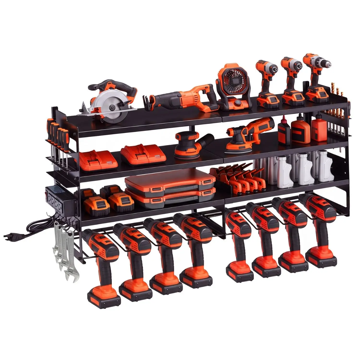Heavy Duty Wall Mount Power Tool Organizer with Charging Station, 4,Tier Metal Garage Storage Rack Holds 600lbs, 8 Cordless Drill Holders & Battery Utility Shelf